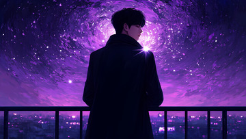 油画风格星空下的男生手绘插画1