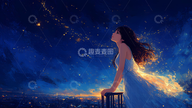 高清大图下载【趣麦麦图】油画风格天台望风的女孩手绘插画1