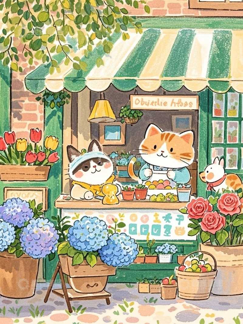 高清大图下载【趣麦麦图】小猫的花店场景画