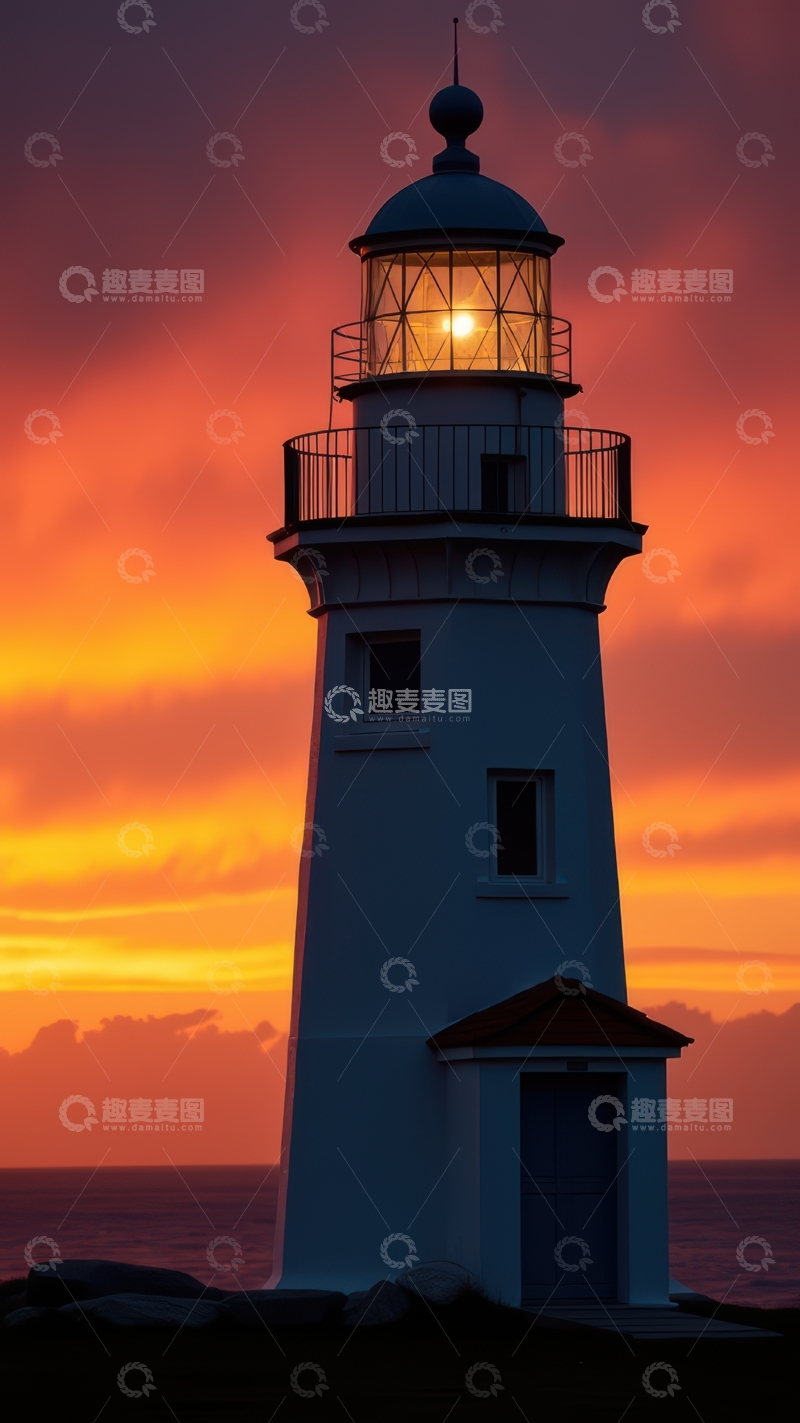 高清大图下载【趣麦麦图】绚烂晚霞中明亮的灯塔身姿