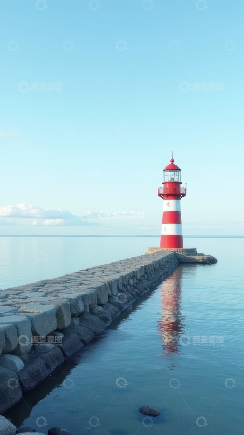 高清大图下载【趣麦麦图】晴朗白日长堤尽头的灯塔