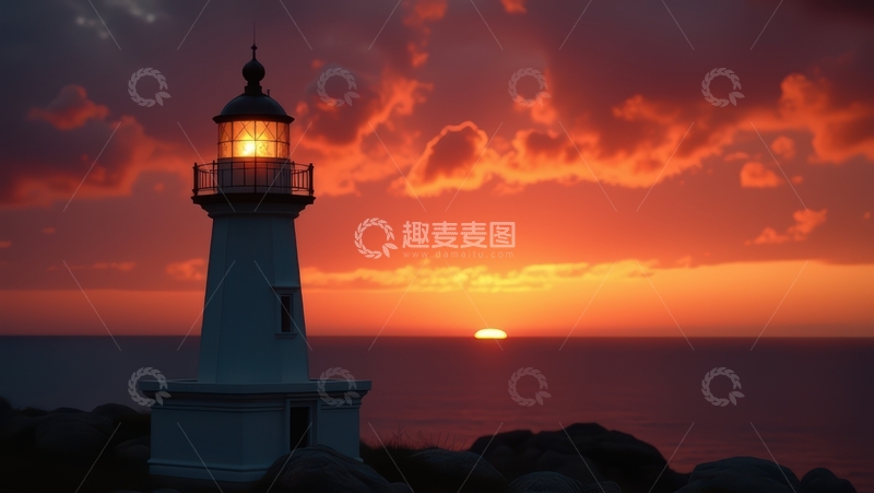 高清大图下载【趣麦麦图】日落时分红云飞渡的灯塔景象