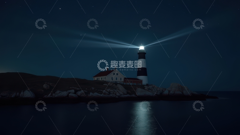 高清大图下载【趣麦麦图】月夜中射出光束的海岸灯塔