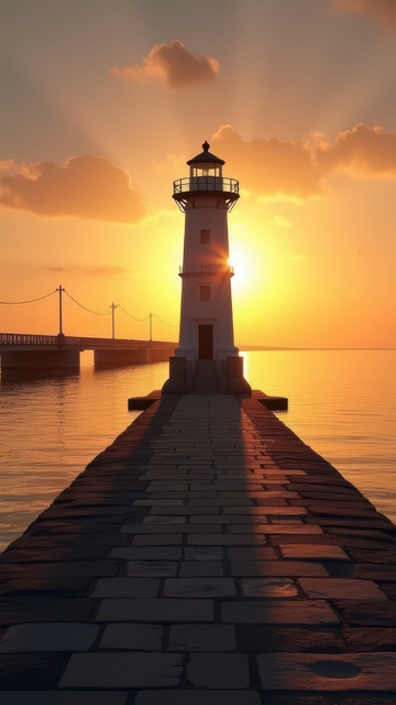 夕阳下长堤尽头的灯塔剪影