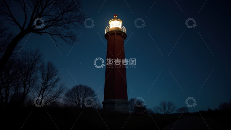 高清大图下载【趣麦麦图】夜幕树林旁高耸的红色灯塔