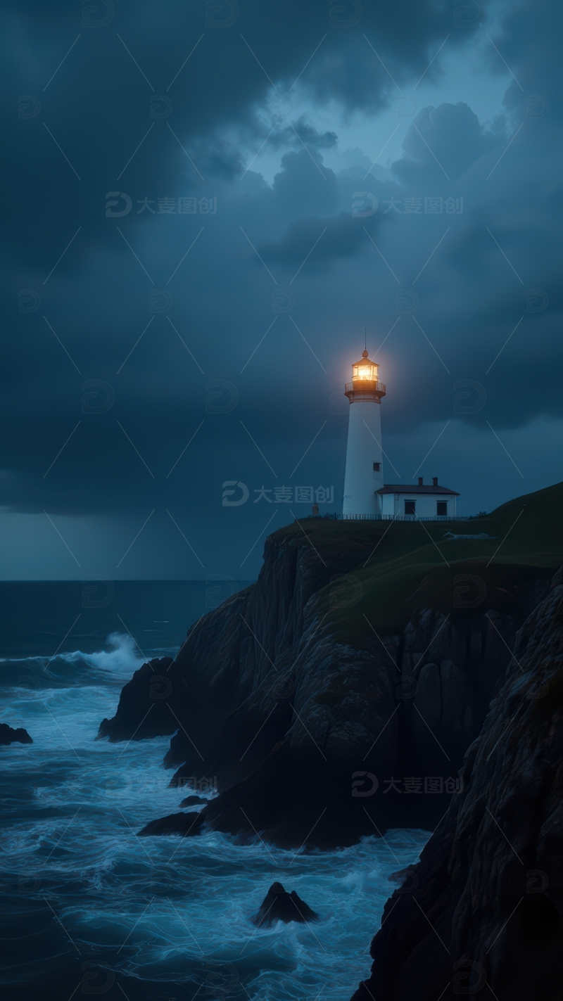 阴云密布下闪烁光芒的海岸灯塔
