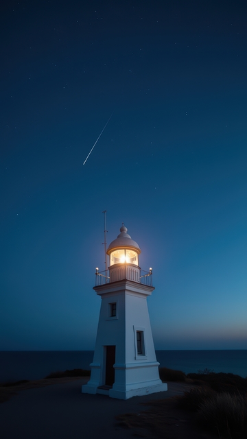 月夜流星下的白色灯塔