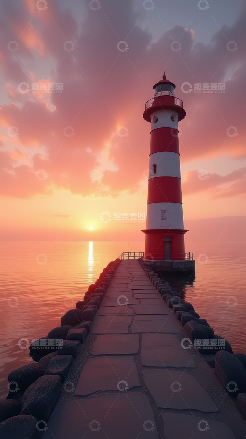 高清大图下载【趣麦麦图】晚霞长堤尽头的红白灯塔