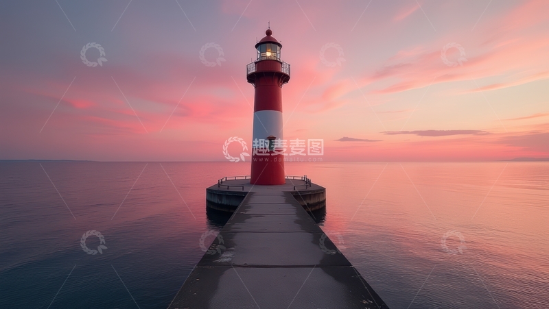 高清大图下载【趣麦麦图】粉霞长堤上的红白灯塔景致
