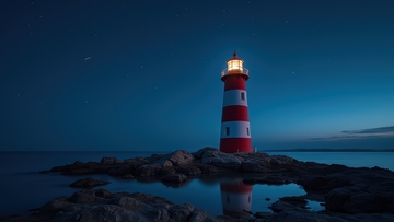 深夜礁石上的红白灯塔倩影