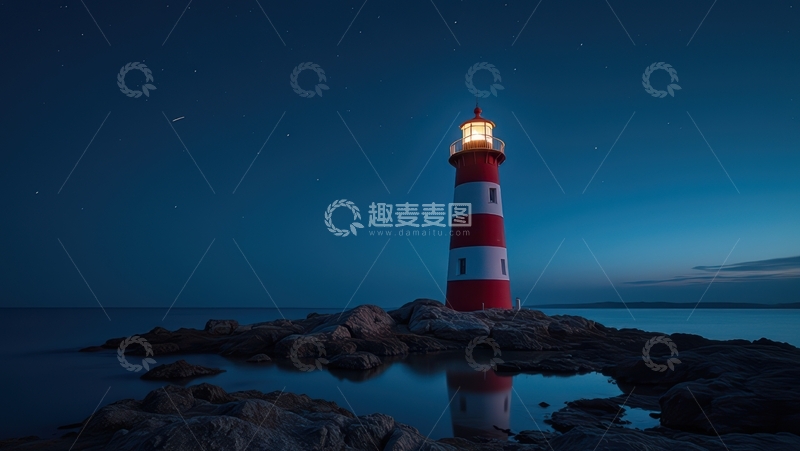 高清大图下载【趣麦麦图】深夜礁石上的红白灯塔倩影