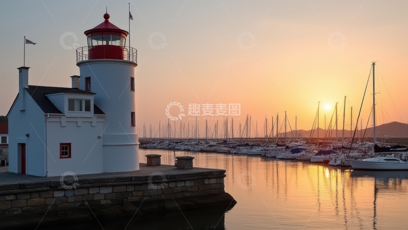 高清大图下载【趣麦麦图】夕阳下港口的白色灯塔风光