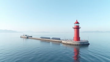 晴朗海面的孤立红色灯塔