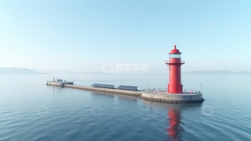 高清大图下载【趣麦麦图】晴朗海面的孤立红色灯塔
