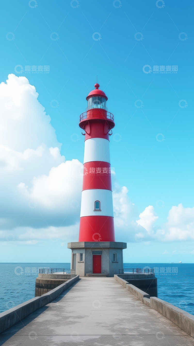 高清大图下载【趣麦麦图】晴空下长桥尽头的红白灯塔