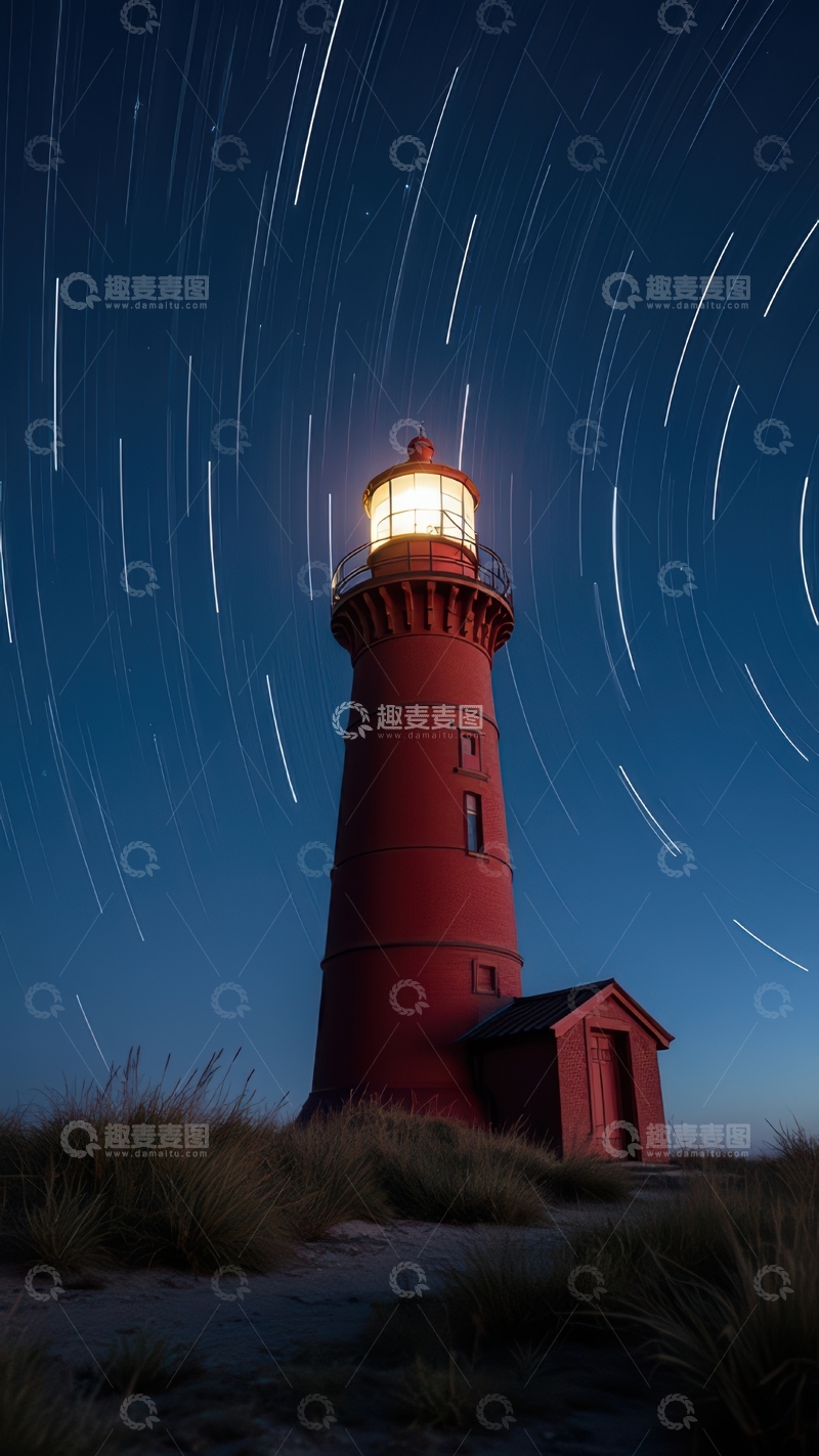 高清大图下载【趣麦麦图】星轨下红色的矗立灯塔