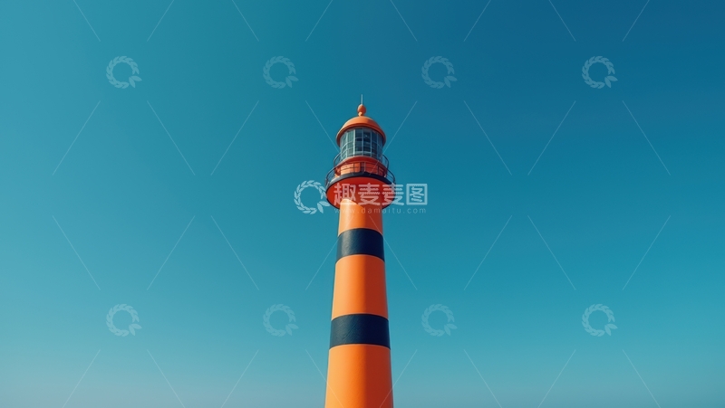 高清大图下载【趣麦麦图】蓝天背景下的橙黑条纹灯塔