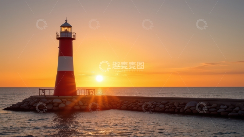 高清大图下载【趣麦麦图】日落时海岸边的醒目灯塔