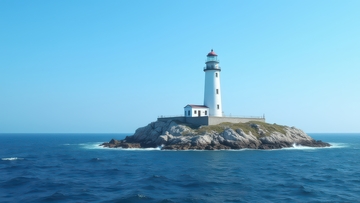 晴朗海面孤岛的灯塔风光