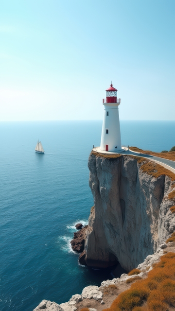 悬崖上与帆船相伴的灯塔