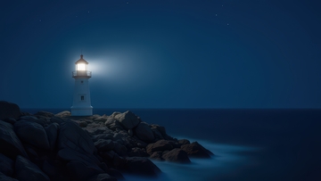 深夜礁石上闪烁光芒的灯塔