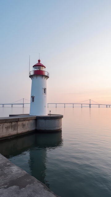 晨曦长桥边的红白灯塔