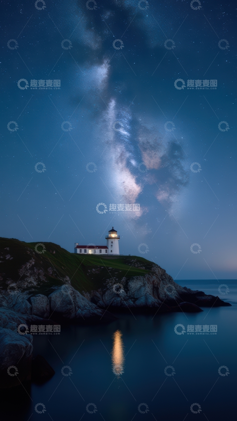 高清大图下载【趣麦麦图】星空下悬崖上的白色灯塔