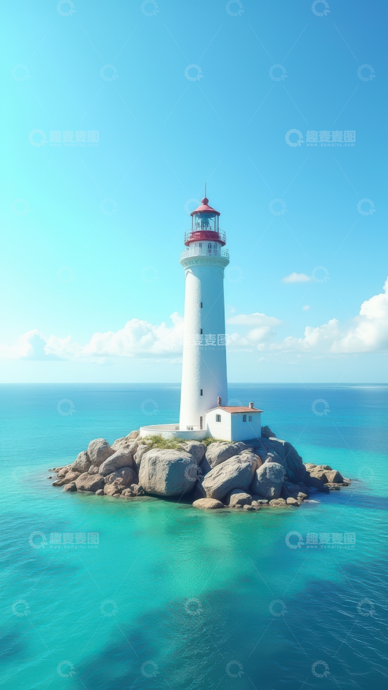 高清大图下载【趣麦麦图】碧海孤礁上矗立的白色灯塔
