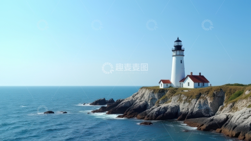 高清大图下载【趣麦麦图】晴空下海岸边的白色灯塔