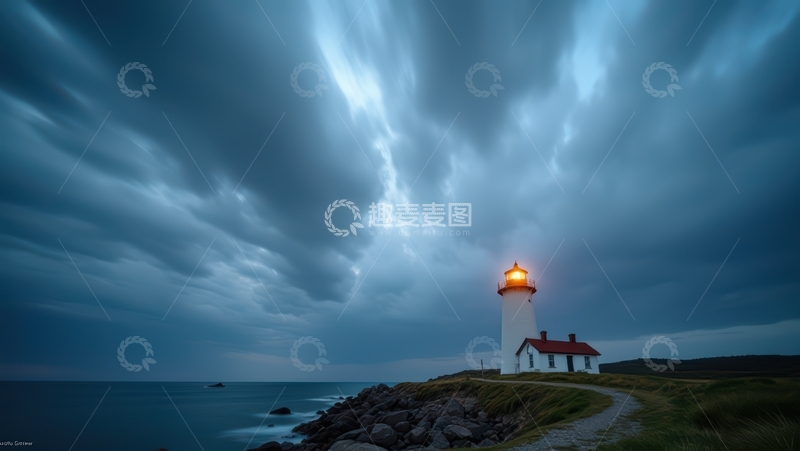 高清大图下载【趣麦麦图】乌云下亮灯的海边白色灯塔
