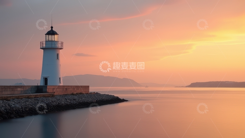 高清大图下载【趣麦麦图】夕阳下海岸边的白色灯塔