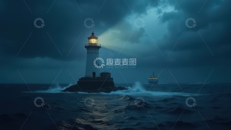 高清大图下载【趣麦麦图】风暴夜海中闪耀的白色灯塔