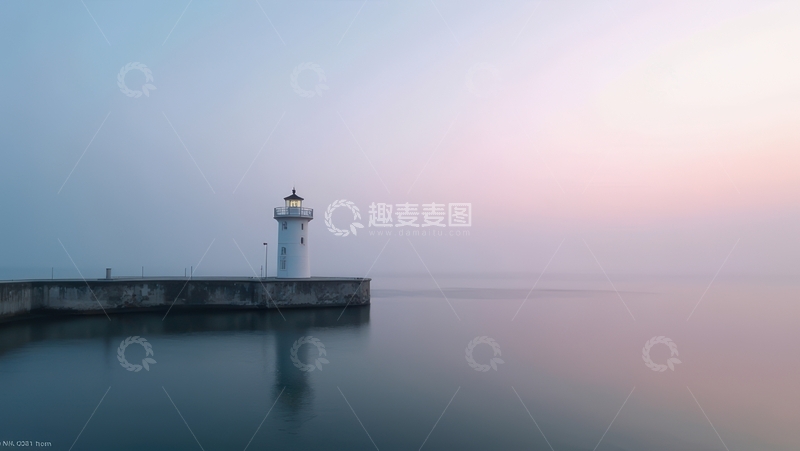高清大图下载【趣麦麦图】晨曦薄雾里的白色静谧灯塔