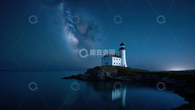 高清大图下载【趣麦麦图】夜幕中岛屿上的白色灯塔