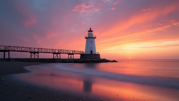 壮美夕阳下长堤边的灯塔