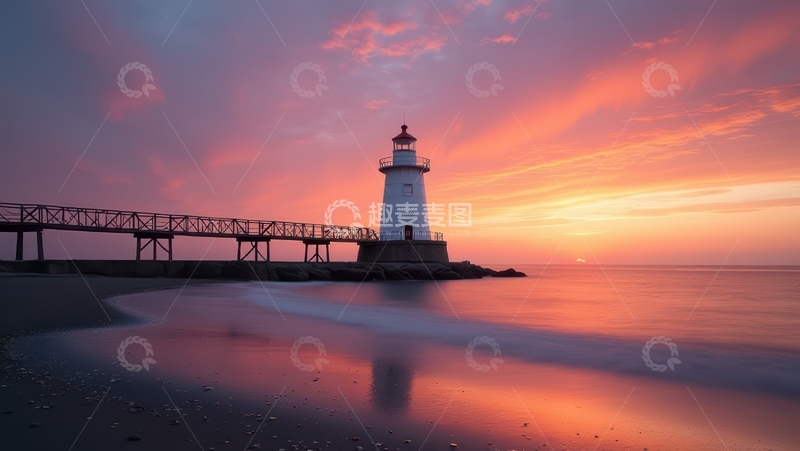 高清大图下载【趣麦麦图】壮美夕阳下长堤边的灯塔