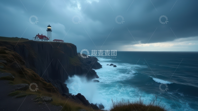高清大图下载【趣麦麦图】暴风雨中悬崖上的灯塔