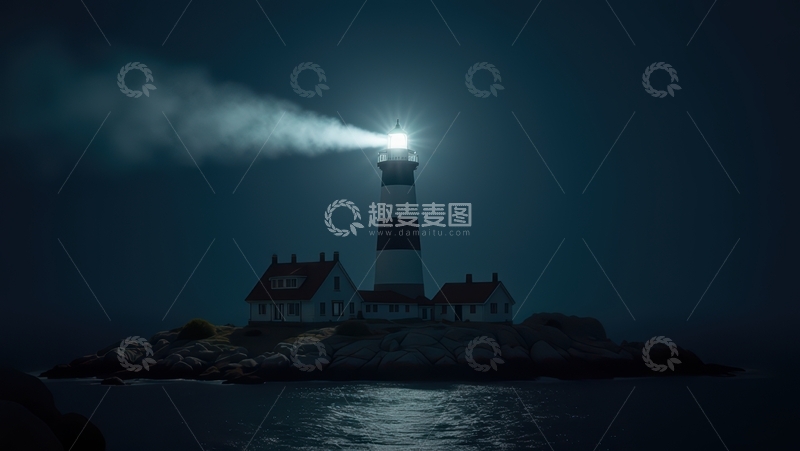 高清大图下载【趣麦麦图】夜幕海岛中发光的黑白灯塔