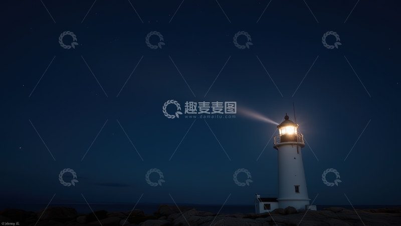 高清大图下载【趣麦麦图】黑夜中射出光束的白色灯塔