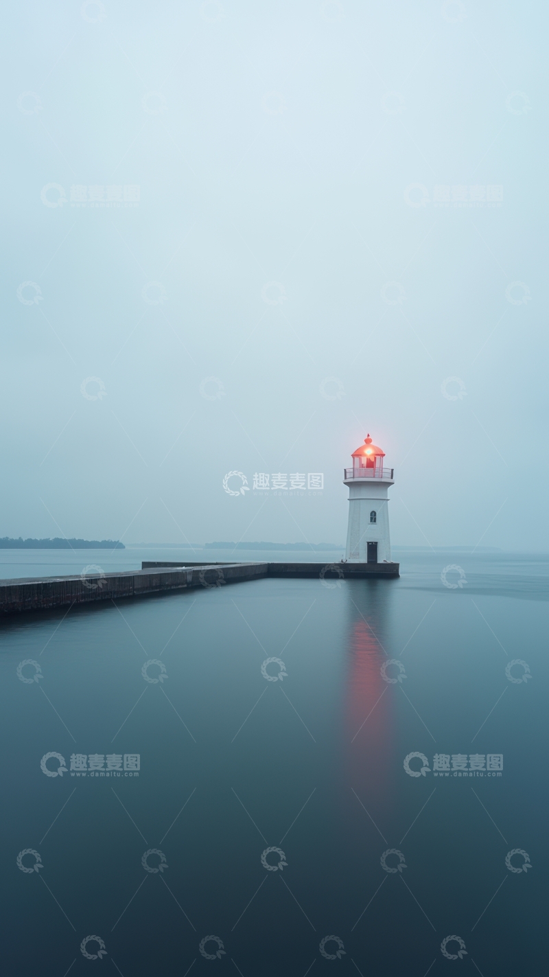 高清大图下载【趣麦麦图】迷雾中散发红光的孤独灯塔
