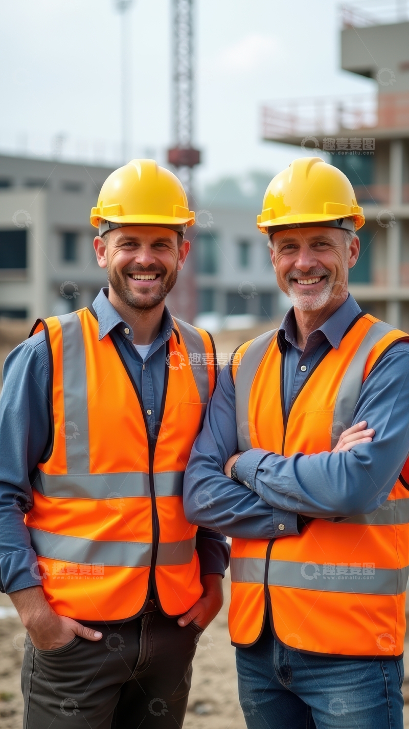 高清大图下载【趣麦麦图】工地前两位橙背心工人的合影
