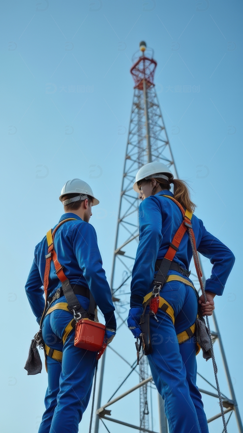 高清大图下载【趣麦麦图】两位工人规划通信铁塔施工任务