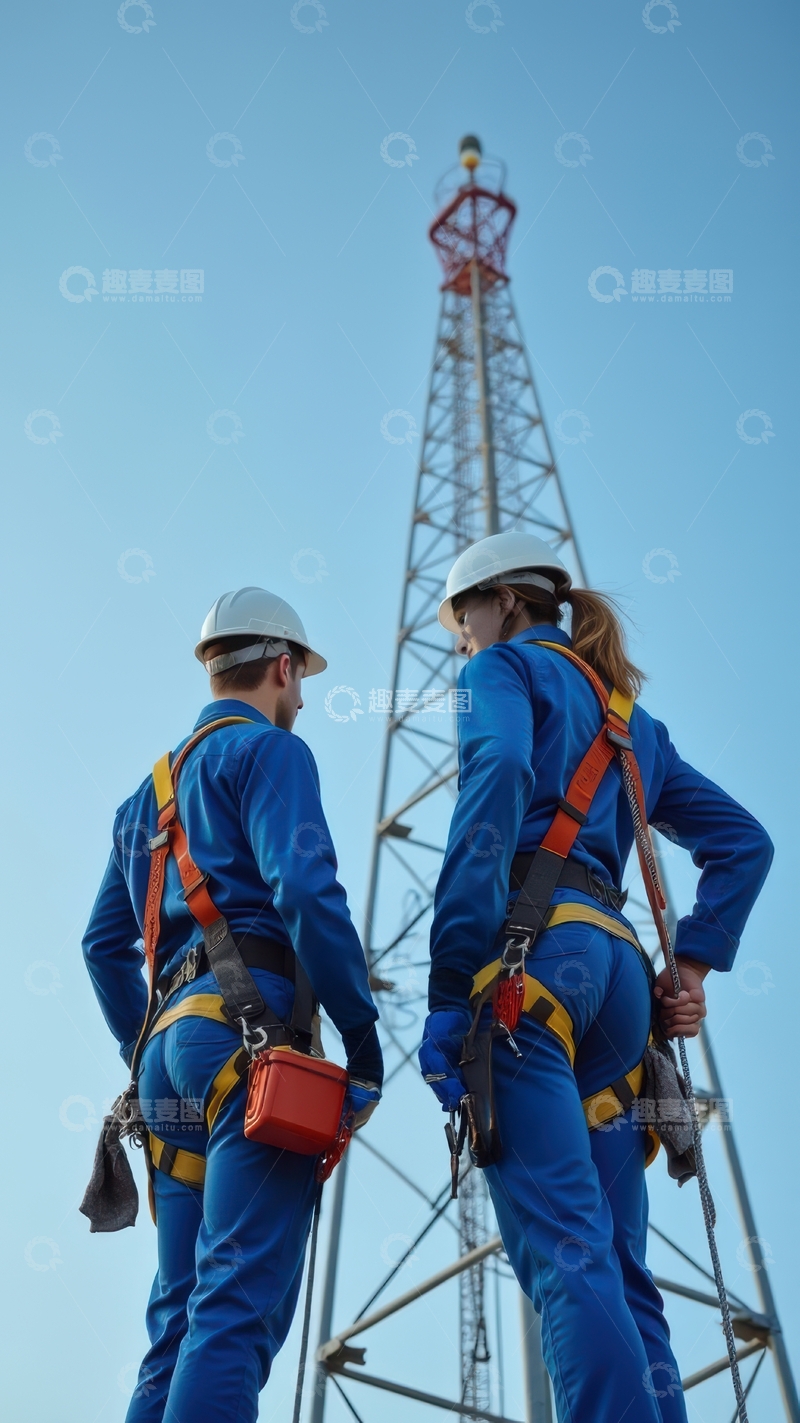 高清大图下载【趣麦麦图】两位工人规划通信铁塔施工任务