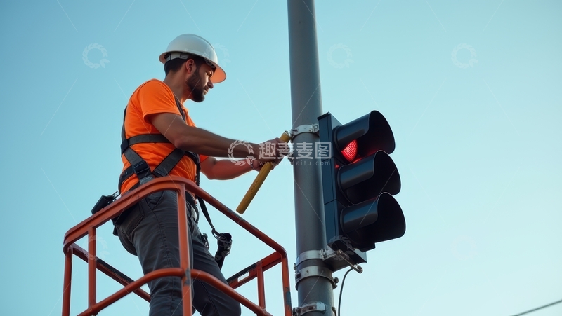 高清大图下载【趣麦麦图】白帽工人检修交通信号灯设备