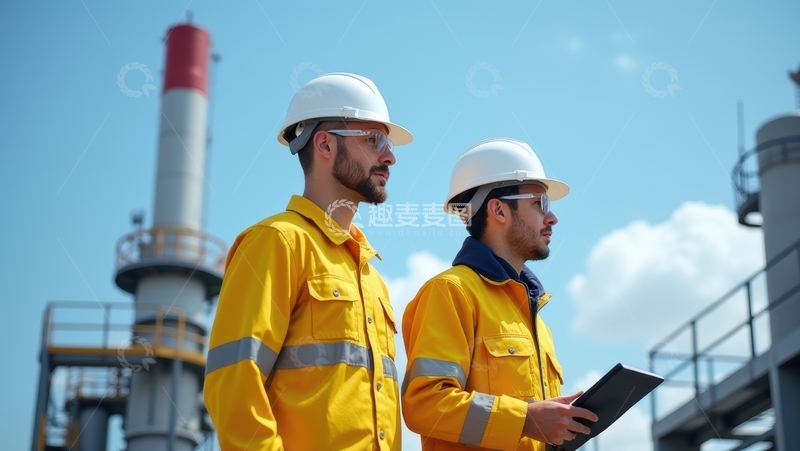高清大图下载【趣麦麦图】两位白帽工人在工业场地查看平板