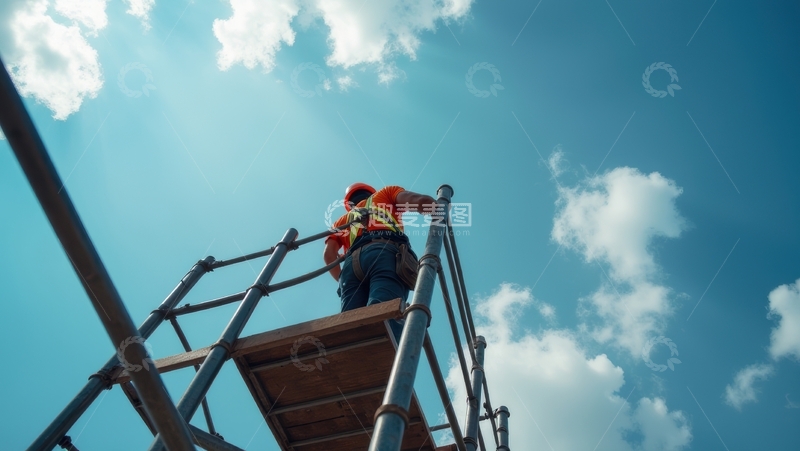 高清大图下载【趣麦麦图】工人攀爬金属架开展高空作业