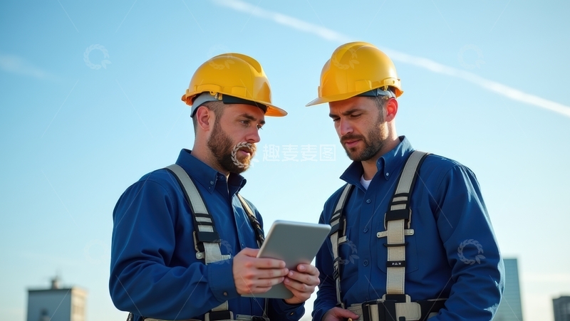高清大图下载【趣麦麦图】两位黄帽工人交流平板内容画面