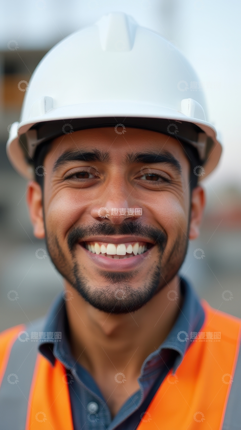 高清大图下载【趣麦麦图】工地前戴白帽工人的微笑特写