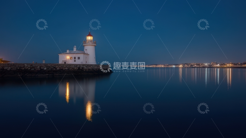 高清大图下载【趣麦麦图】月夜下宁静海面的白色灯塔