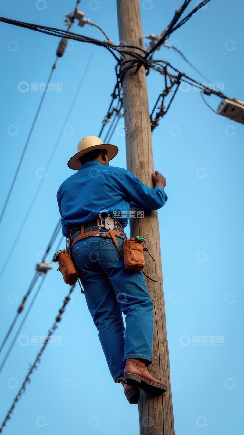 高清大图下载【趣麦麦图】蓝工装工人攀爬电线杆作业